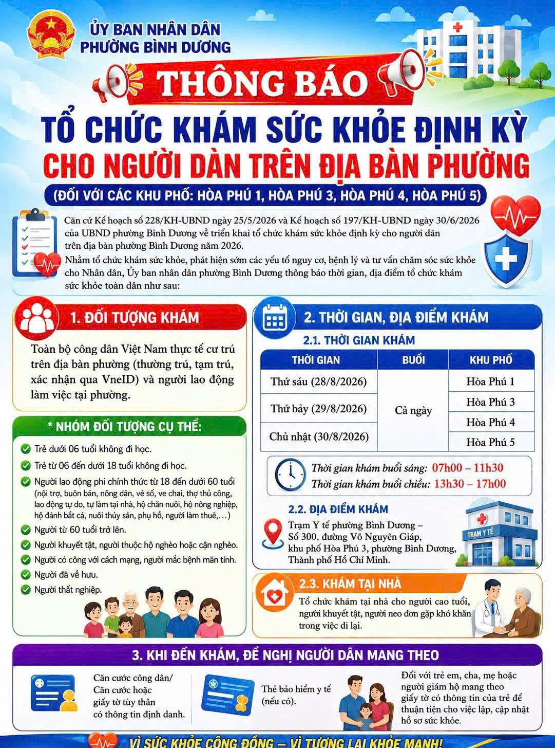 HÒA PHÚ 1, 3, 4, 5: KHÁM SỨC KHỎE ĐỊNH KỲ CHO NGƯỜI DÂN TỪ NGÀY 28 ĐẾN 30/8